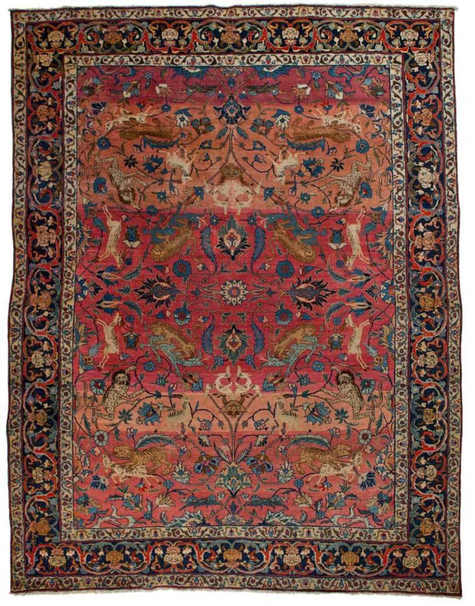 Rare Antique Persian Animal Sen Carpet with Unique Boarder.