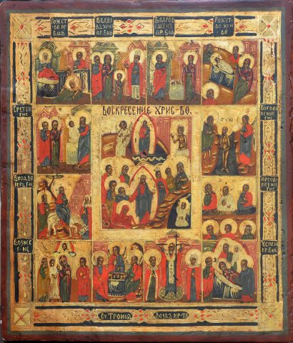 Sacred, Orthodox Icon: The Resurrection (The Harrowing of Hades with Church Feasts, in Twelve Scenes; Russian Federation)