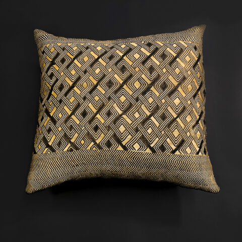“Royal Grid” — Kuba Raffia Pillow with Interlaced Loop Motif and Chevron Border, D.R. Congo