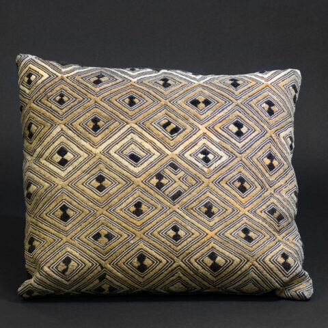 “Guardians of the Grid” — Kuba Raffia Pillow with Embroidered Diamond Medallions, D.R. Congo