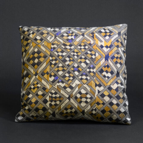 “Rhythms of the Kingdom” — Kuba Raffia Pillow with Asymmetrical Checkerboard Embroidery, D.R. Congo