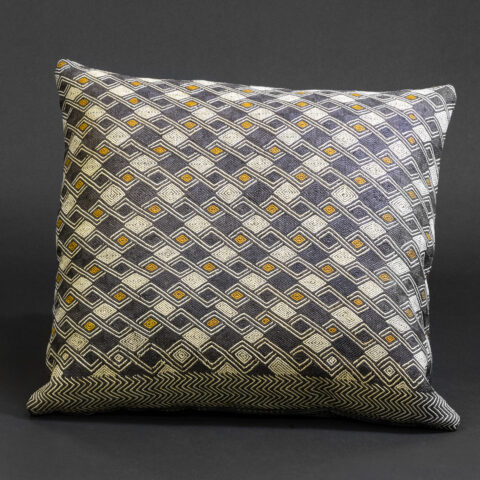 “River of Symbols” — Kuba Raffia Pillow with Diamond Band Embroidery, D.R. Congo