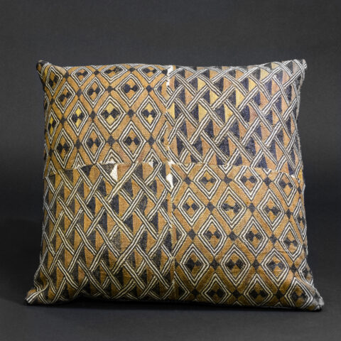 “Patterned Lineage” — Kuba Patchwork Raffia Pillow with Diamond and Interlace Motifs, D.R. Congo