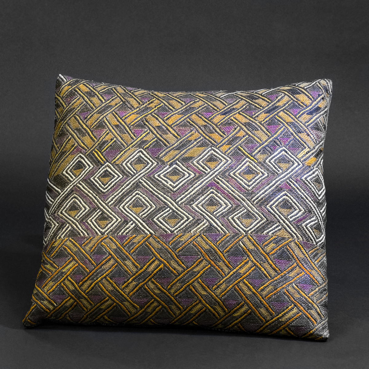 “Celestial Weave” — Kuba Raffia Pillow with Dual Motif in Indigo, Saffron, and Ivory, D.R. Congo