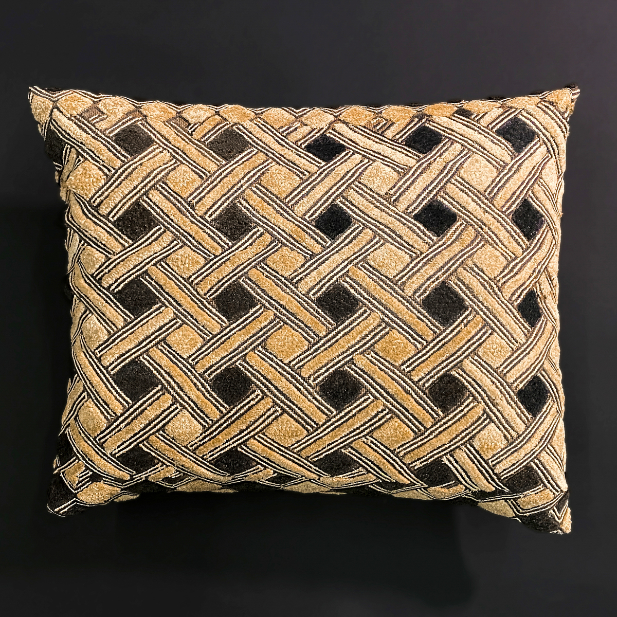“Braided Realms” — Kuba Raffia Pillow with Woven Grid Motif, D.R. Congo