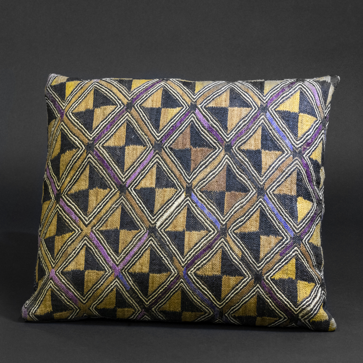 “Twilight Geometry” — Kuba Raffia Pillow with Polychrome Rotational Motif, D.R. Congo