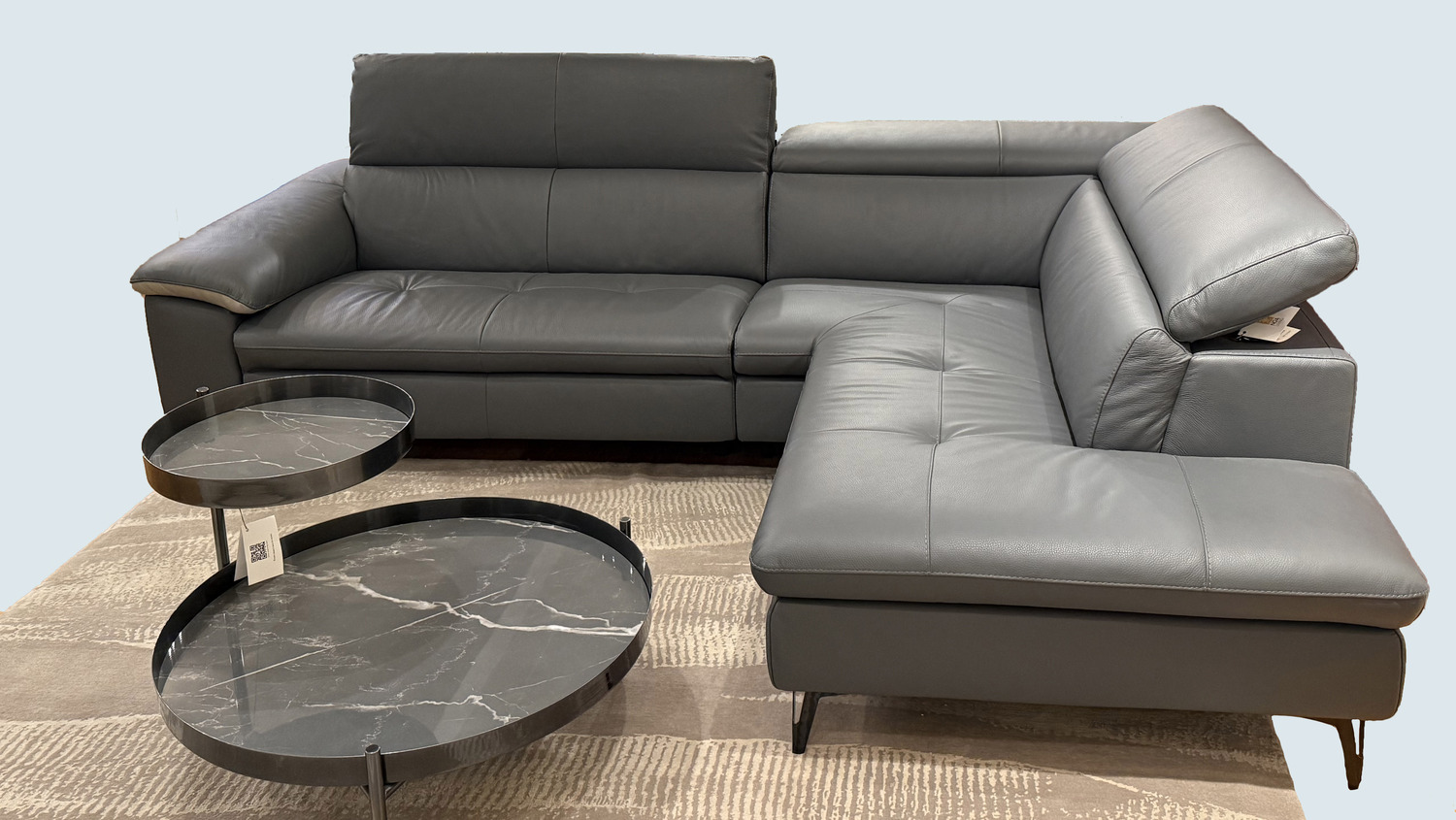 Martine Two-Seat Electric Reclining Sectional in Dark Grey Italian Leather